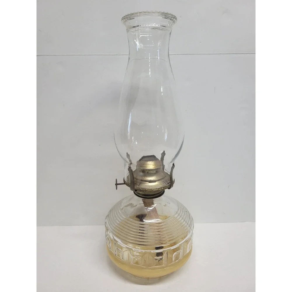 Vintage Clear Glass Oil Lamp Ribbed Geometric Base‎ Hurricane Chimney 13.5 Inch